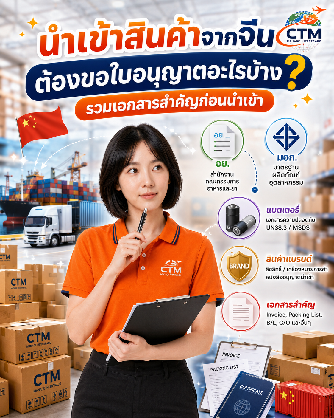 นำเข้าสินค้าจากจีน ต้องขอใบอนุญาตอะไรบ้าง? รวมเอกสารสำคัญก่อนนำเข้า สินค้าทั่วไป อย. มอก. แบตเตอรี่ และสินค้าแบรนด์